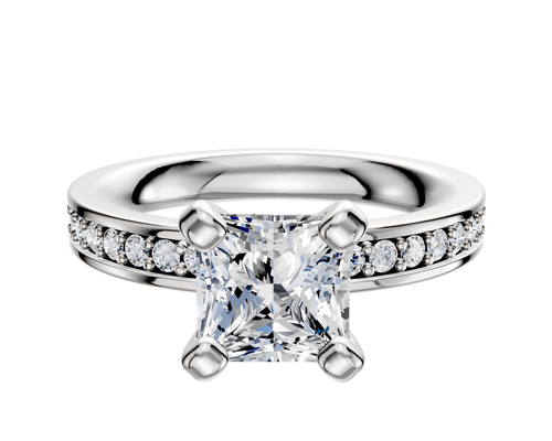 14K White Gold 4 Prong Classic Flat 1-Row-Pave 2.5mm Engagement Ring