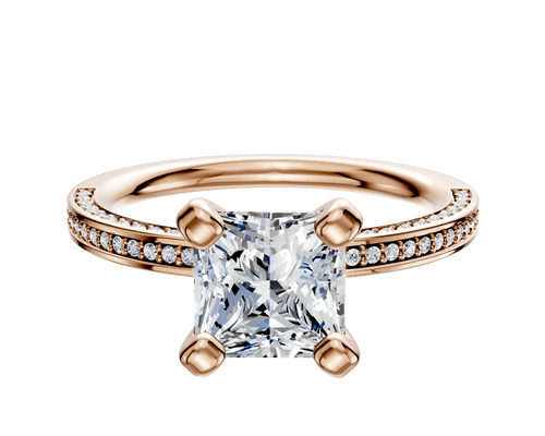 14K Rose Gold 4 Prong Classic Flat 3-Row-Pave 2.0mm Engagement Ring