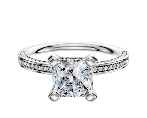 14K White Gold 4 Prong Classic Flat 3-Row-Pave 2.0mm Engagement Ring