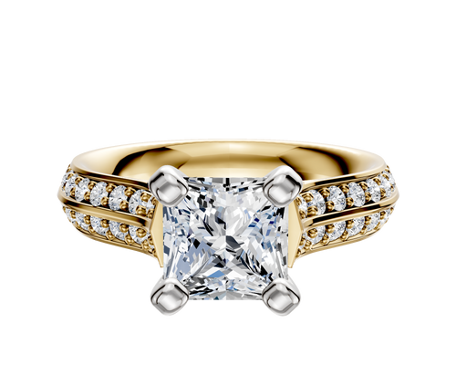 14K Two Tone 4 Prong Cathedral Knife Edge 1-Row-Pave 2.5mm Engagement Ring