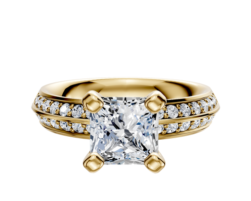 14K Yellow Gold 4 Prong Classic Knife Edge 1-Row-Pave 2.5mm Engagement Ring