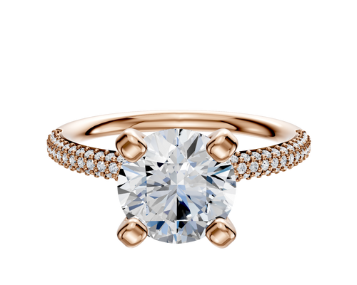 14K Rose Gold 4 Prong Classic Dome 3-Row-Pave 2.0mm Engagement Ring