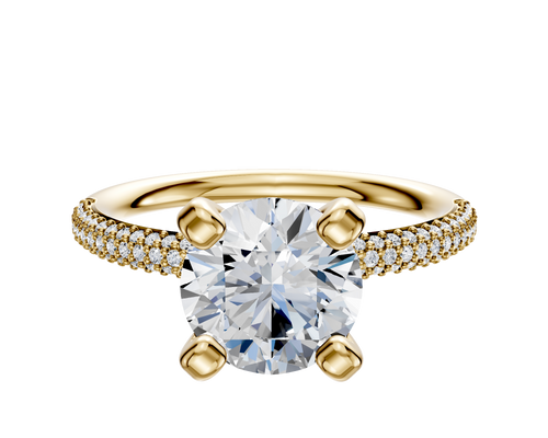14K Yellow Gold 4 Prong Classic Dome 3-Row-Pave 2.0mm Engagement Ring