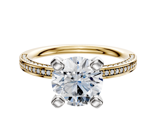 14K Two Tone 4 Prong Classic Flat 3-Row-Pave 2.0mm Engagement Ring