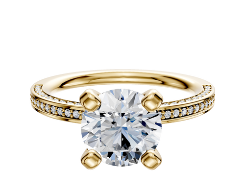 14K Yellow Gold 4 Prong Classic Flat 3-Row-Pave 2.0mm Engagement Ring