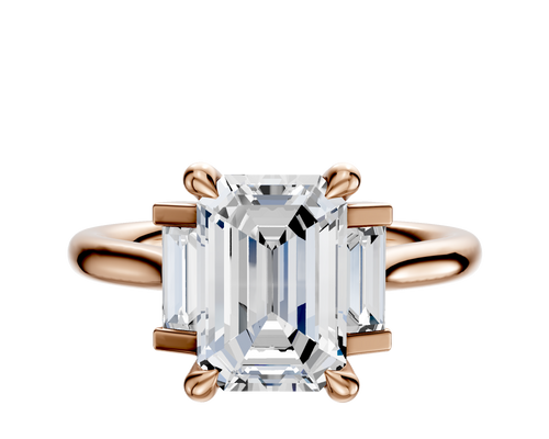 14K Rose Gold 3-Stone Baguette Side Stones Set North/South 0.125TCW Engagement Ring