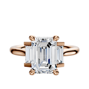 14K Rose Gold 3-Stone Baguette Side Stones Set North/South 0.125TCW Engagement Ring