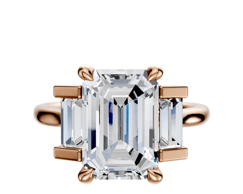 14K Rose Gold 3-Stone Baguette Side Stones Set North/South 0.25TCW Engagement Ring