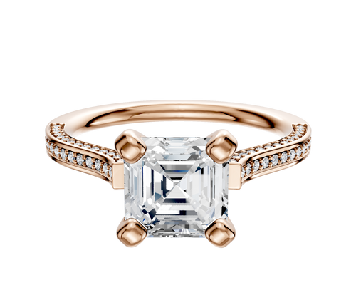 14K Rose Gold 4 Prong Cathedral Flat 3-Row-Pave 2.0mm Engagement Ring