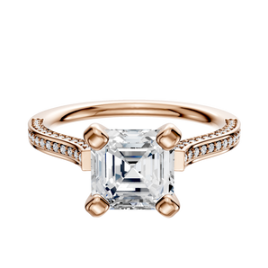 14K Rose Gold 4 Prong Cathedral Flat 3-Row-Pave 2.0mm Engagement Ring