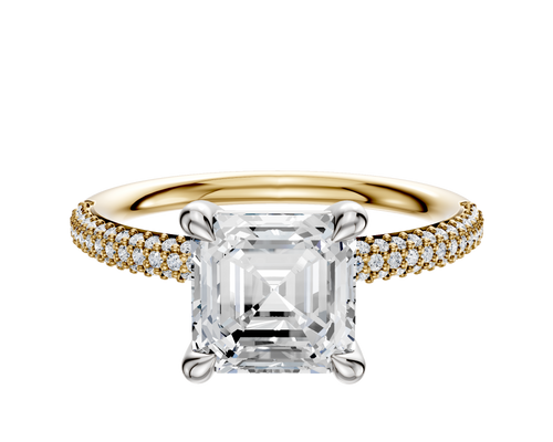 18K Two Tone 4 Prong Basket Classic Dome 3-Row-Pave 2.0mm Engagement Ring