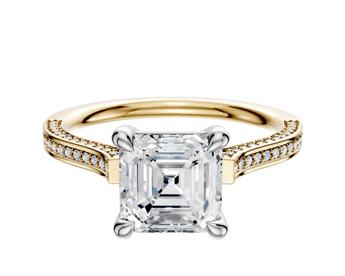 18K Two Tone 4 Prong Basket Cathedral Flat 3-Row-Pave 2.0mm Engagement Ring