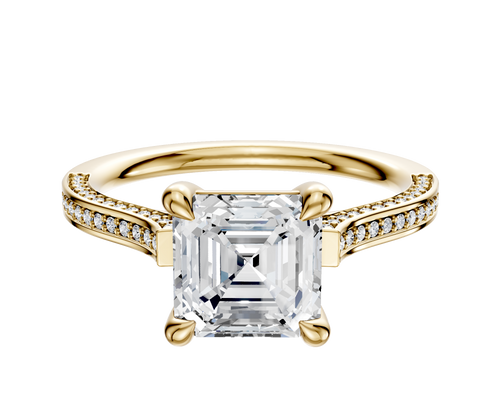 14K Yellow Gold 4 Prong Basket Cathedral Flat 3-Row-Pave 2.0mm Engagement Ring