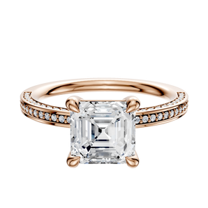 14K Rose Gold 4 Prong Basket Classic Flat 3-Row-Pave 2.0mm Engagement Ring