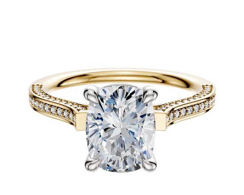 18K Two Tone 4 Prong Basket Cathedral Flat 3-Row-Pave 2.0mm Engagement Ring
