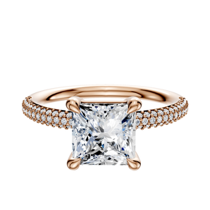 14K Rose Gold 4 Prong Basket Classic Dome 3-Row-Pave 2.0mm Engagement Ring