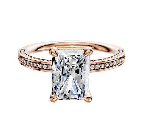 14K Rose Gold 4 Prong Basket Classic Flat 3-Row-Pave 2.0mm Engagement Ring