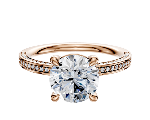 14K Rose Gold 4 Prong Basket Classic Flat 3-Row-Pave 2.0mm Engagement Ring
