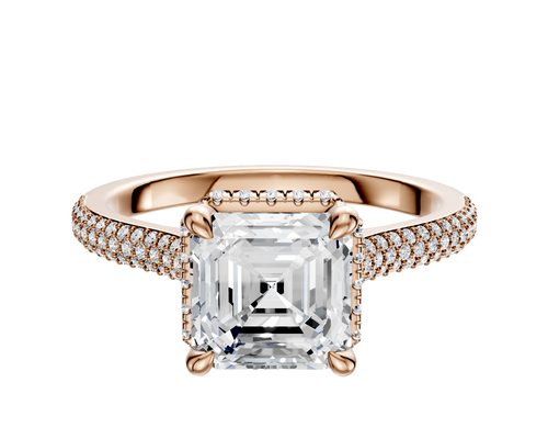 14K Rose Gold 4 Prong Collar Cathedral Dome 3-Row-Pave 2.0mm Engagement Ring