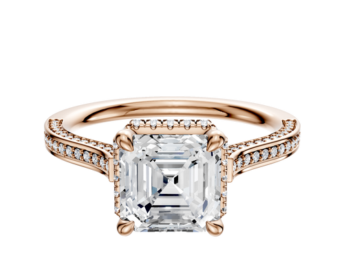 14K Rose Gold 4 Prong Collar Cathedral Flat 3-Row-Pave 2.0mm Engagement Ring