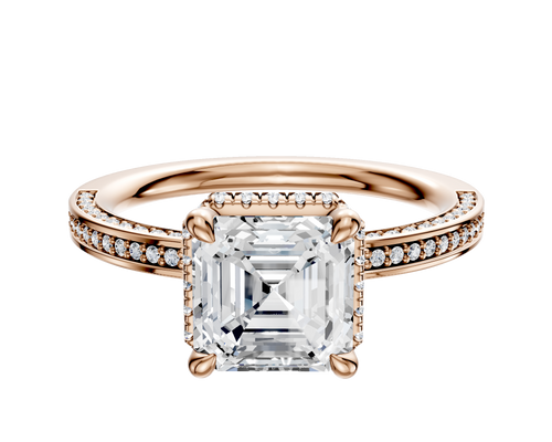 14K Rose Gold 4 Prong Collar Classic Flat 3-Row-Pave 2.0mm Engagement Ring