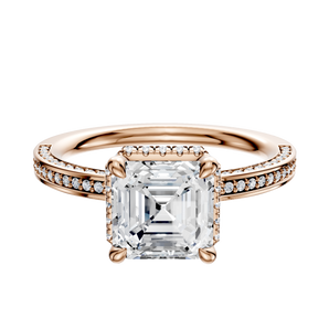 14K Rose Gold 4 Prong Collar Classic Flat 3-Row-Pave 2.0mm Engagement Ring