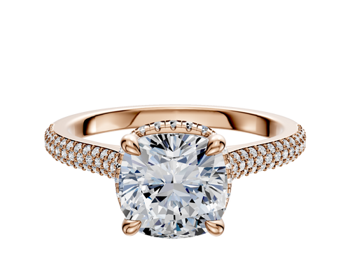 14K Rose Gold 4 Prong Collar Cathedral Dome 3-Row-Pave 2.0mm Engagement Ring