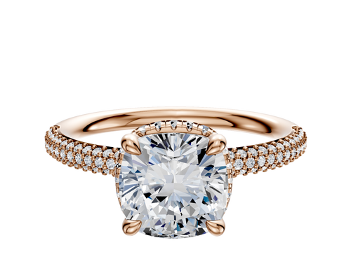 14K Rose Gold 4 Prong Collar Classic Dome 3-Row-Pave 2.0mm Engagement Ring