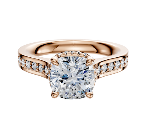 14K Rose Gold 4 Prong Collar Cathedral Flat 1-Row-Pave 2.5mm Engagement Ring