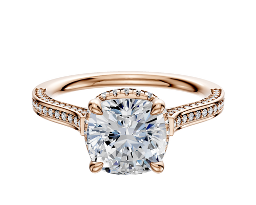 14K Rose Gold 4 Prong Collar Cathedral Flat 3-Row-Pave 2.0mm Engagement Ring