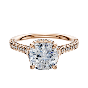 14K Rose Gold 4 Prong Collar Cathedral Flat 3-Row-Pave 2.0mm Engagement Ring