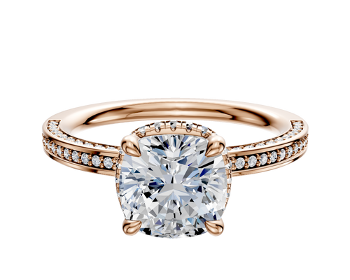 14K Rose Gold 4 Prong Collar Classic Flat 3-Row-Pave 2.0mm Engagement Ring