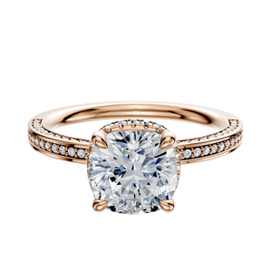 14K Rose Gold 4 Prong Collar Classic Flat 3-Row-Pave 2.0mm Engagement Ring