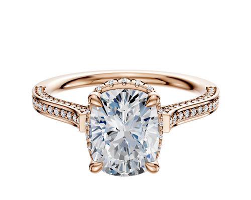 14K Rose Gold 4 Prong Collar Cathedral Flat 3-Row-Pave 2.0mm Engagement Ring