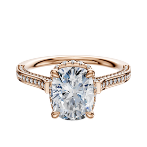 14K Rose Gold 4 Prong Collar Cathedral Flat 3-Row-Pave 2.0mm Engagement Ring