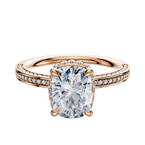 14K Rose Gold 4 Prong Collar Classic Flat 3-Row-Pave 2.0mm Engagement Ring