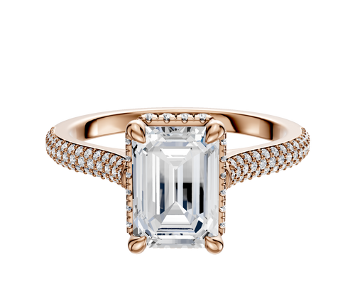 14K Rose Gold 4 Prong Collar Cathedral Dome 3-Row-Pave 2.0mm Engagement Ring