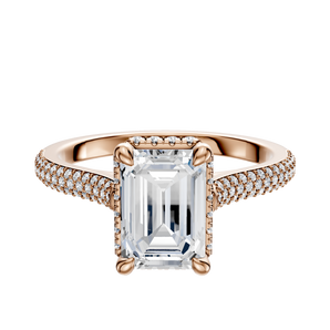 14K Rose Gold 4 Prong Collar Cathedral Dome 3-Row-Pave 2.0mm Engagement Ring