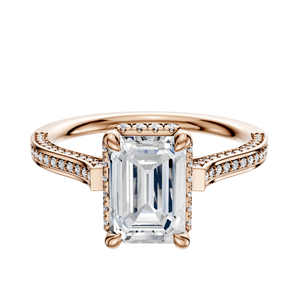 14K Rose Gold 4 Prong Collar Cathedral Flat 3-Row-Pave 2.0mm Engagement Ring