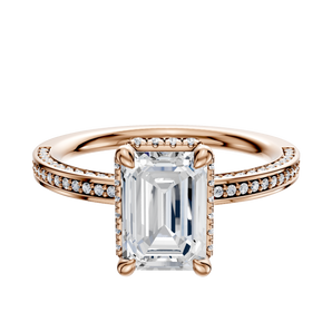 14K Rose Gold 4 Prong Collar Classic Flat 3-Row-Pave 2.0mm Engagement Ring