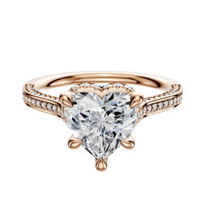 14K Rose Gold 4 Prong Collar Cathedral Flat 3-Row-Pave 2.0mm Engagement Ring