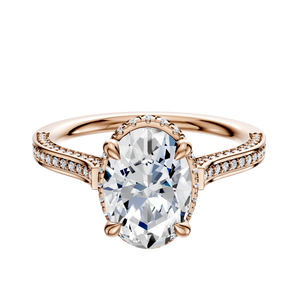 14K Rose Gold 4 Prong Collar Cathedral Flat 3-Row-Pave 2.0mm Engagement Ring