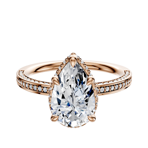 14K Rose Gold 4 Prong Collar Classic Flat 3-Row-Pave 2.0mm Engagement Ring