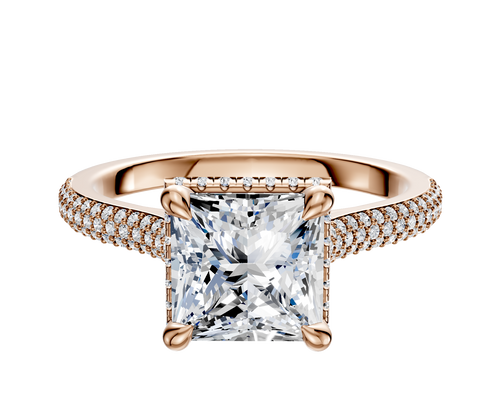 14K Rose Gold 4 Prong Collar Cathedral Dome 3-Row-Pave 2.0mm Engagement Ring