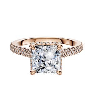 14K Rose Gold 4 Prong Collar Cathedral Dome 3-Row-Pave 2.0mm Engagement Ring
