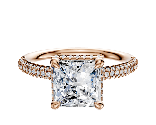 14K Rose Gold 4 Prong Collar Classic Dome 3-Row-Pave 2.0mm Engagement Ring