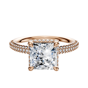 14K Rose Gold 4 Prong Collar Classic Dome 3-Row-Pave 2.0mm Engagement Ring