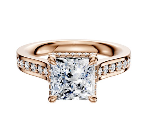 14K Rose Gold 4 Prong Collar Cathedral Flat 1-Row-Pave 2.5mm Engagement Ring