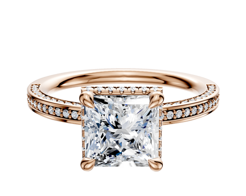 14K Rose Gold 4 Prong Collar Classic Flat 3-Row-Pave 2.0mm Engagement Ring