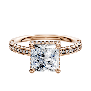 14K Rose Gold 4 Prong Collar Classic Flat 3-Row-Pave 2.0mm Engagement Ring